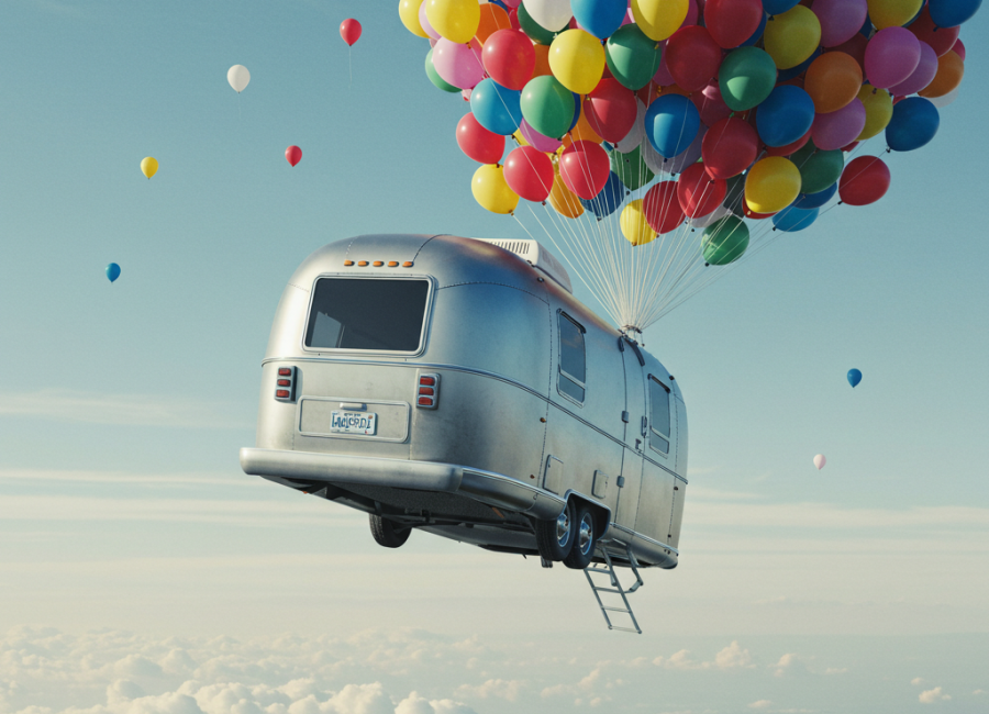 airstream camper trailer floating through sky with balloons like the movie up